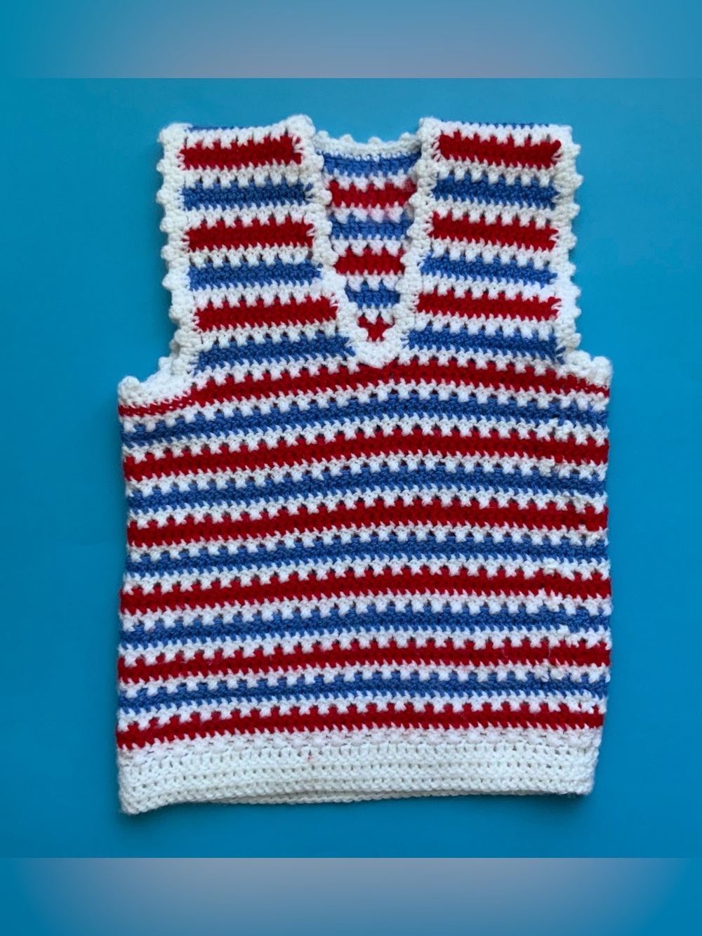 Vintage 80s Handmade Kids Crochet Vest in Red, Blue & White